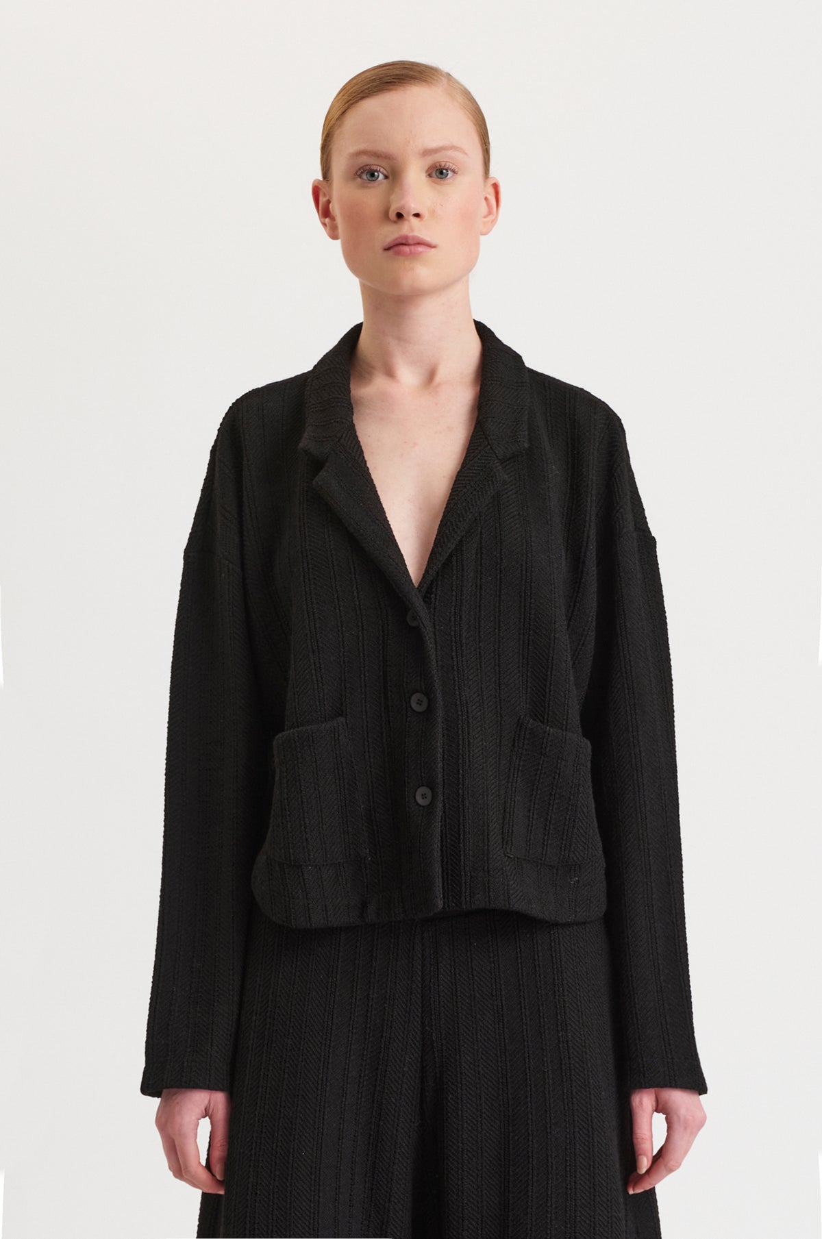 TRANSIT COMFORT FIT JACKET IN CHEVRON WOOL WITH ROUNDED BOTTOM