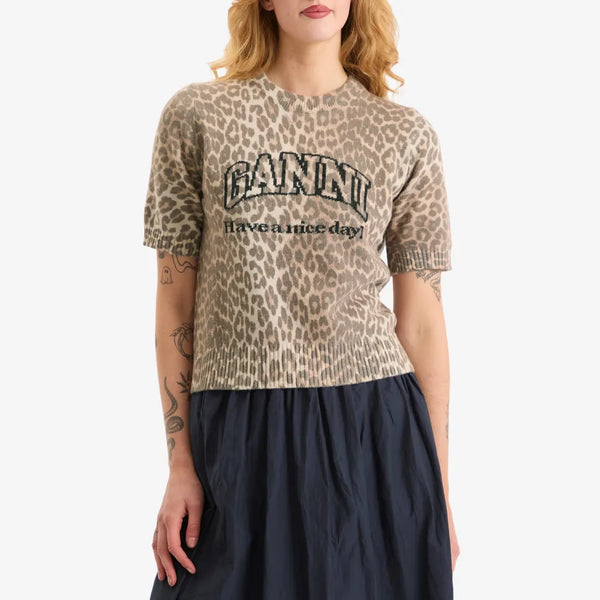 Tシャツ・カットソー Ganni FW25 'Leopard Wool Mix' T-shirt (K2500 943) Leopard Leopard Wool Mix T-shirt | GANNI US
