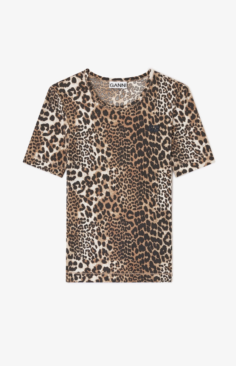 Ganni Leopard Rib Short-Sleeve T-Shirt
