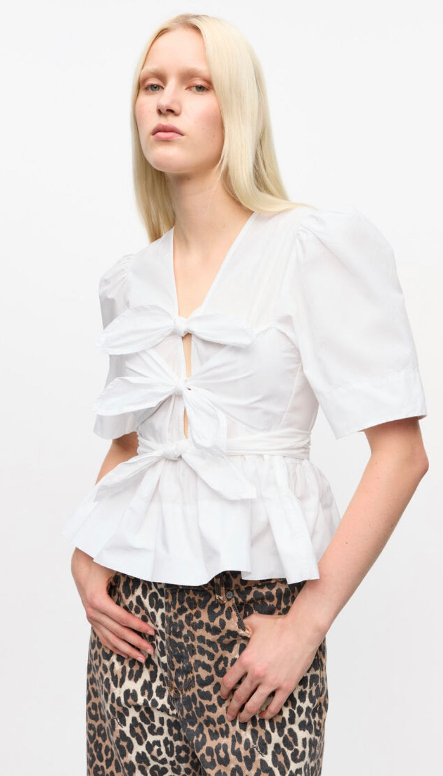 Ganni Washed Stretch Cotton Tie Strap Blouse