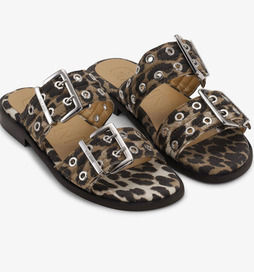 Ganni Feminine Buckle Two Strap Sandal Denim Print