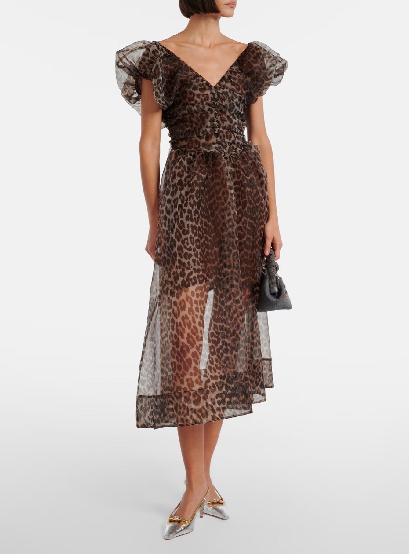Ganni Printed Textured Organza Long Ruched Dress