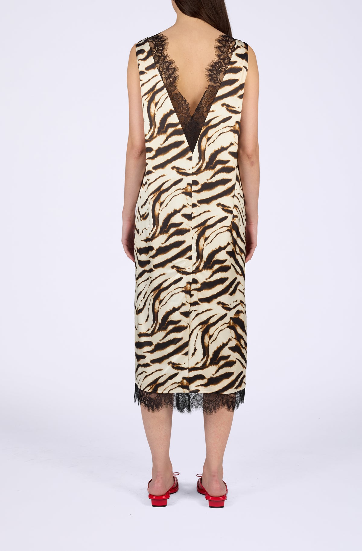 Printed Stretch Satin V-neck Midi Dress