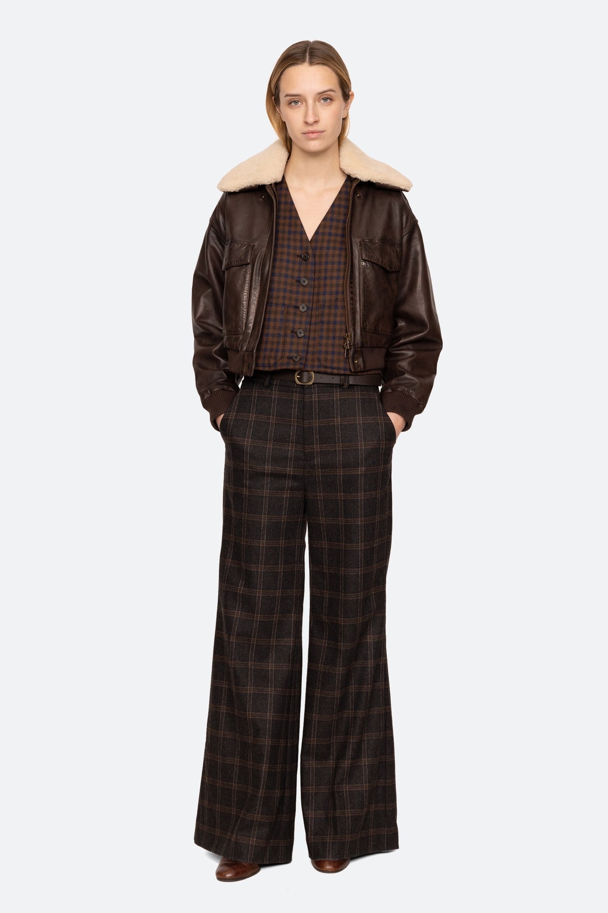 MONROE WOOL PLAID BELTED HIGH WAISTED PANT (D2)