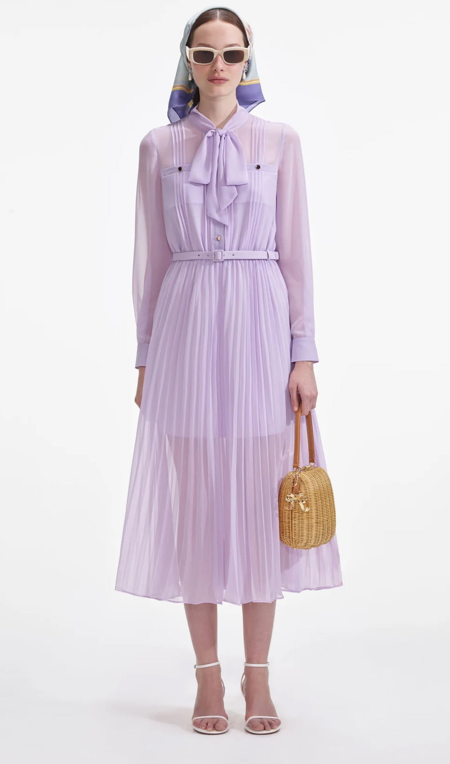 Self Portrait Lilac Chiffon Pussy Bow Midi Dress