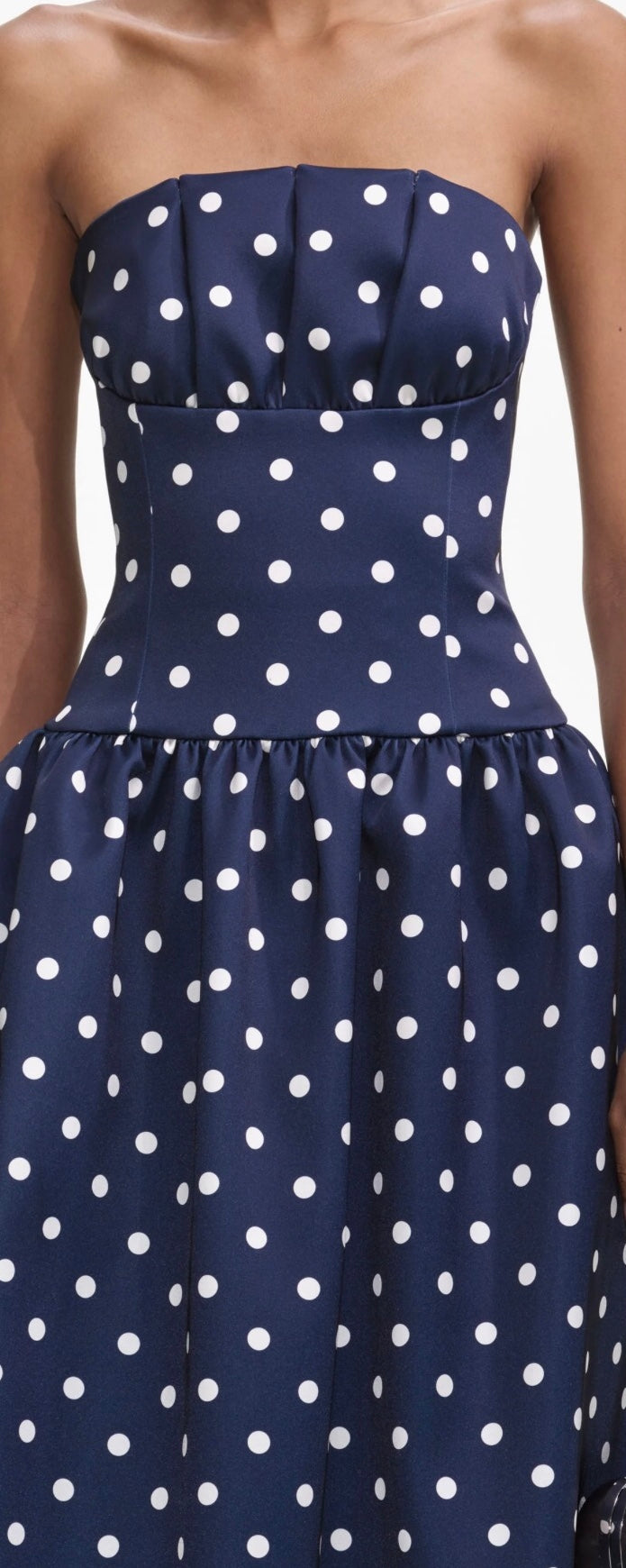 Self Portrait Navy Polka Dot Satin Midi Dress - Square Self Portrait Navy Polka Dot Satin Midi Dress - Square