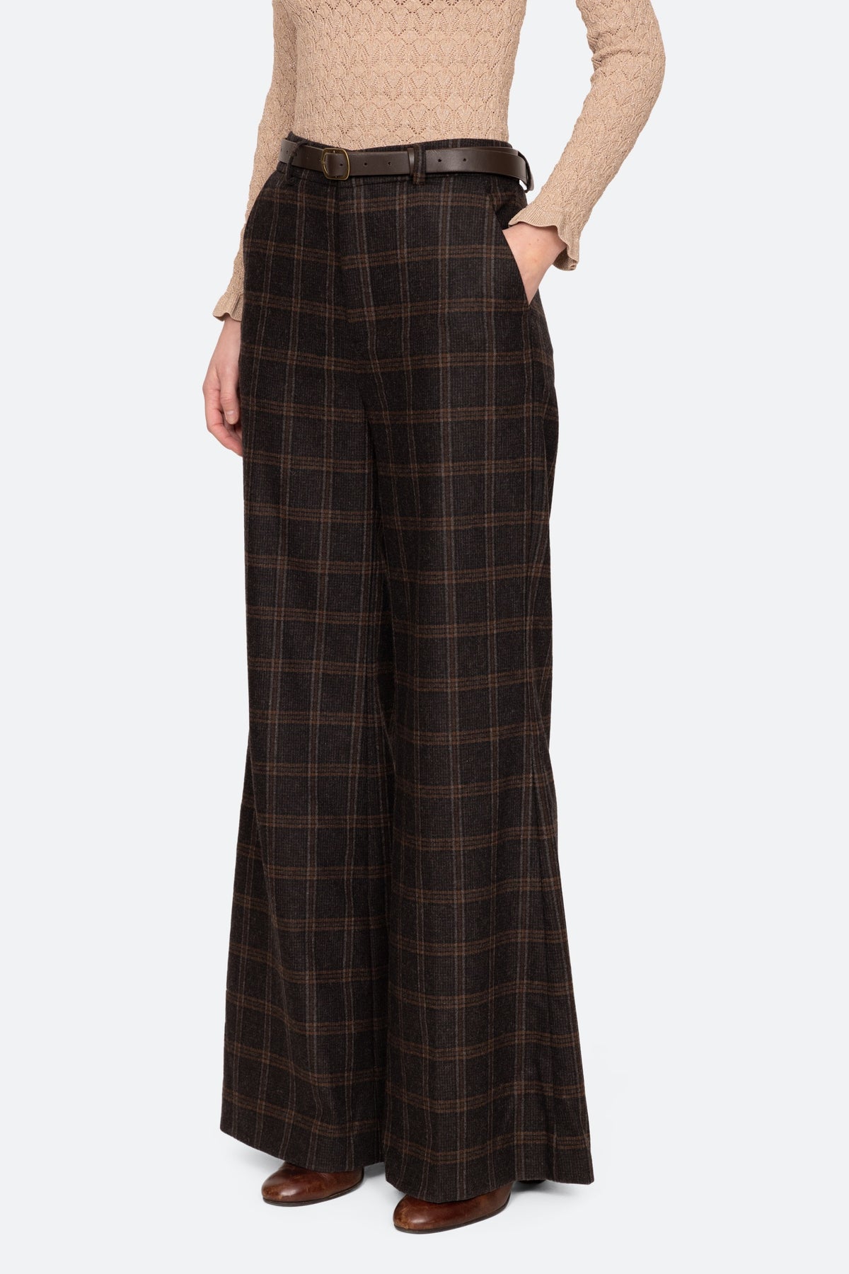MONROE WOOL PLAID BELTED HIGH WAISTED PANT (D2)