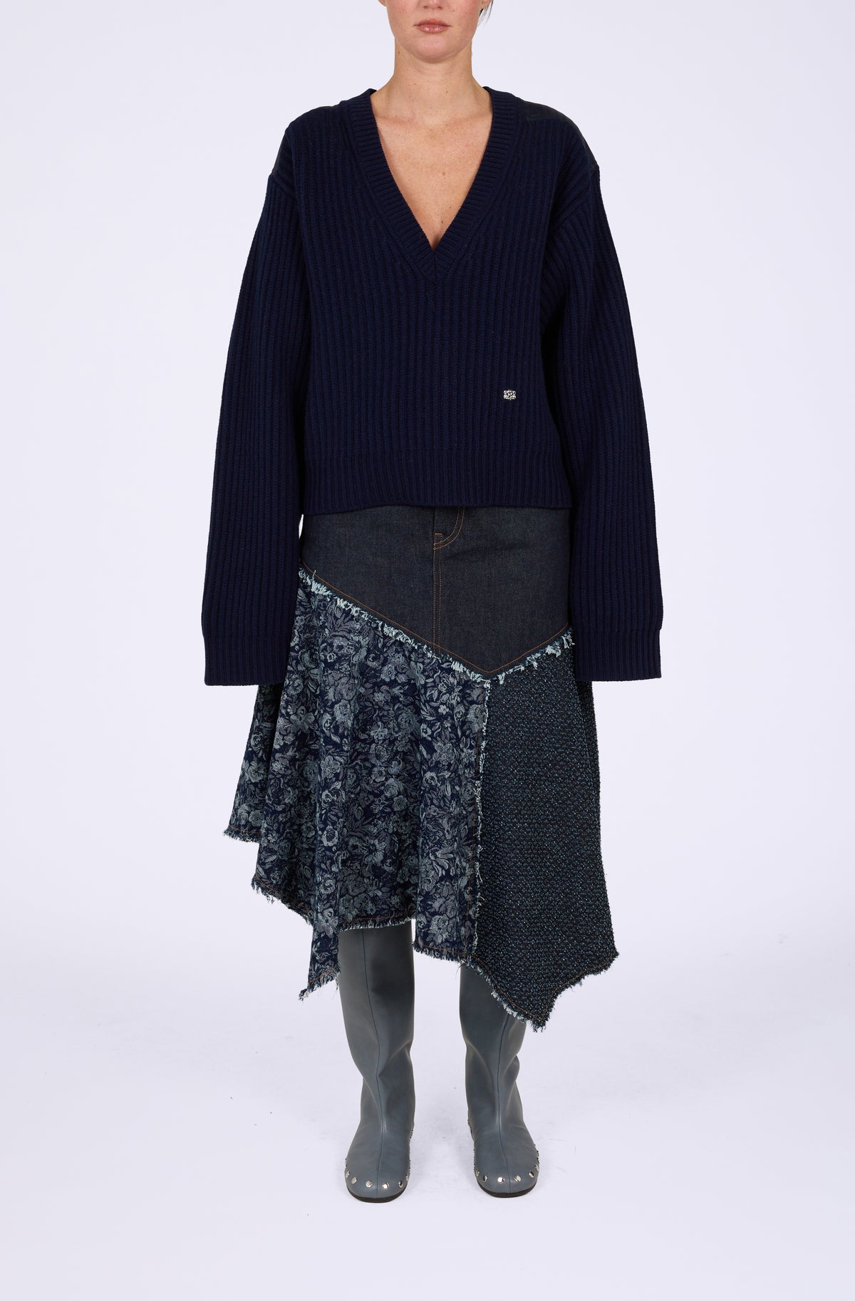 Wool Melange Rib Stripe V neck