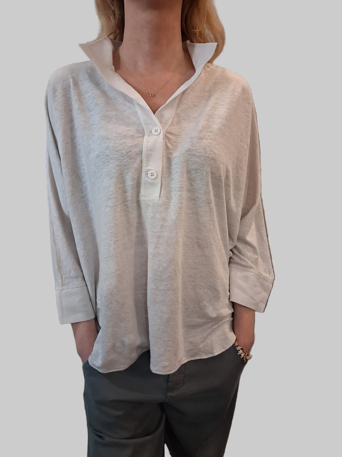 Linen jersey kimono sleeve oversized polo shirt