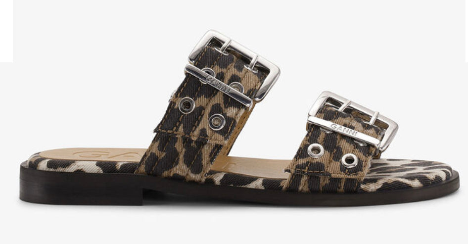 Ganni Feminine Buckle Two Strap Sandal Denim Print