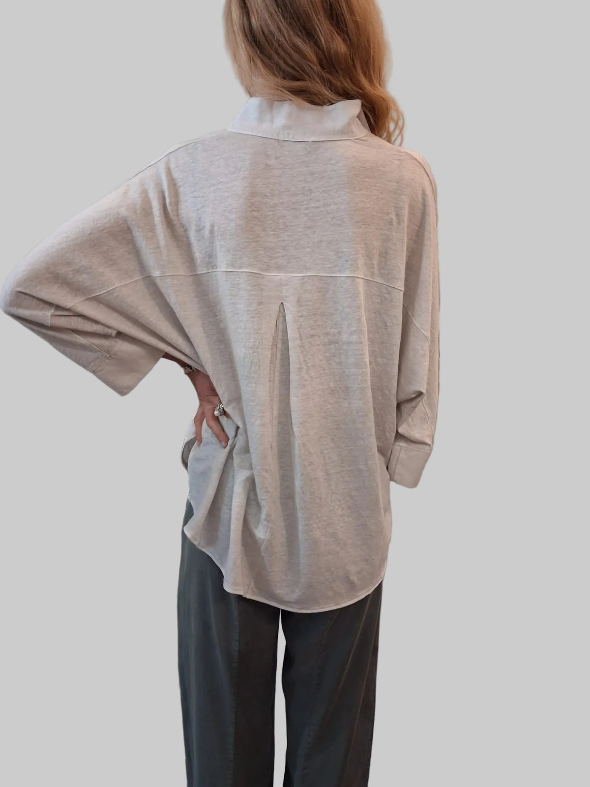 Linen jersey kimono sleeve oversized polo shirt