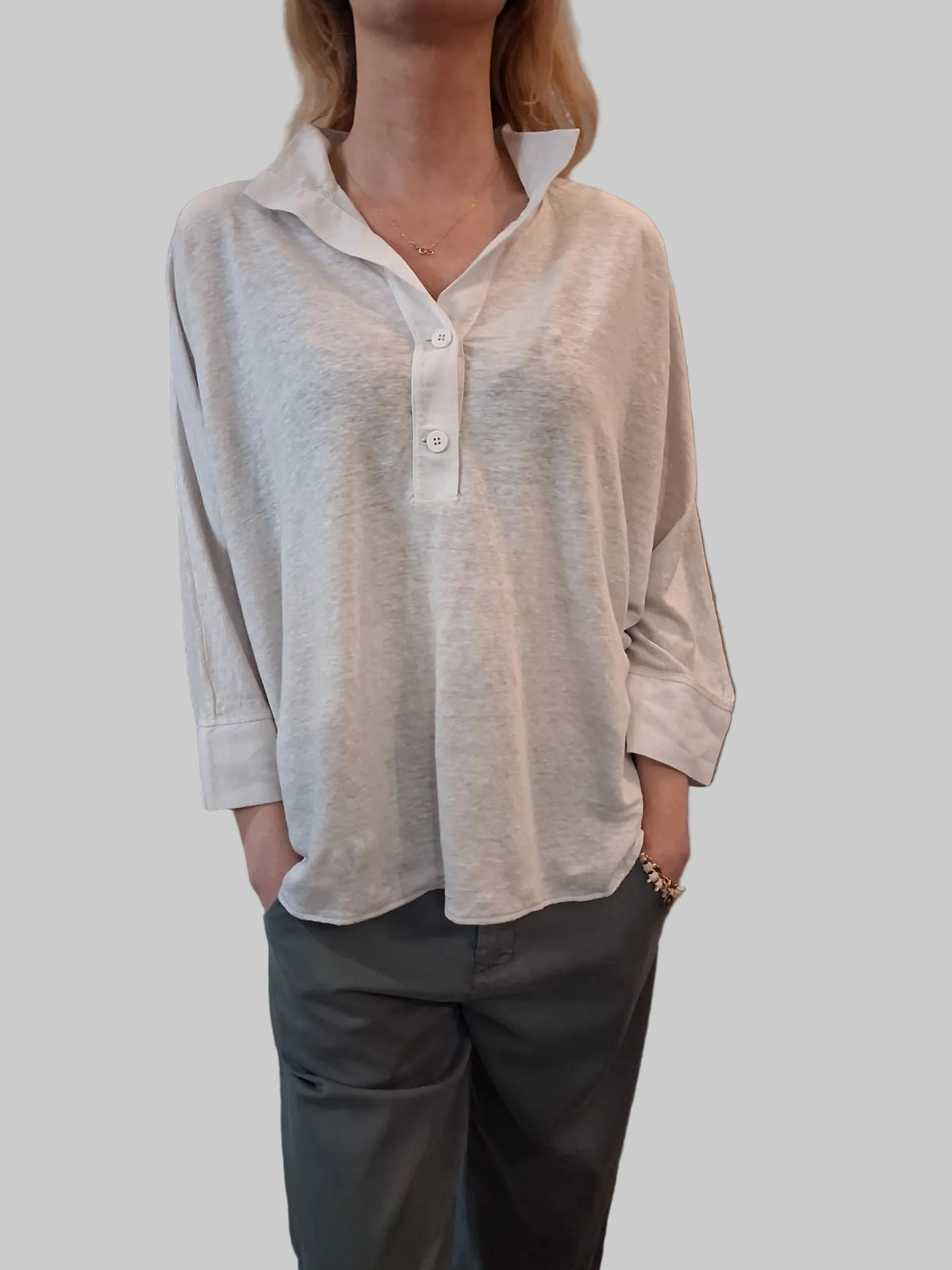 Linen jersey kimono sleeve oversized polo shirt