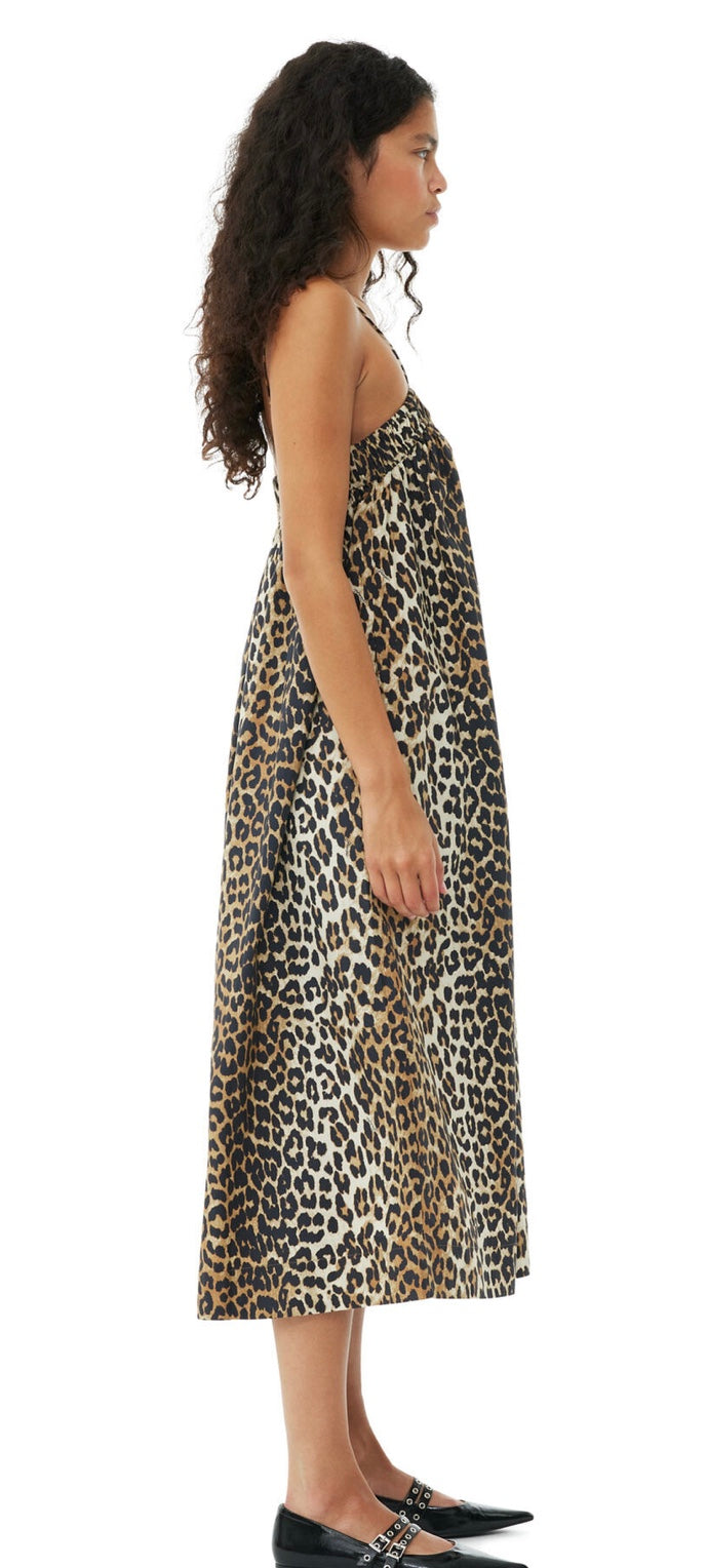 Ganni Leopard Cotton Midi Strap Dress