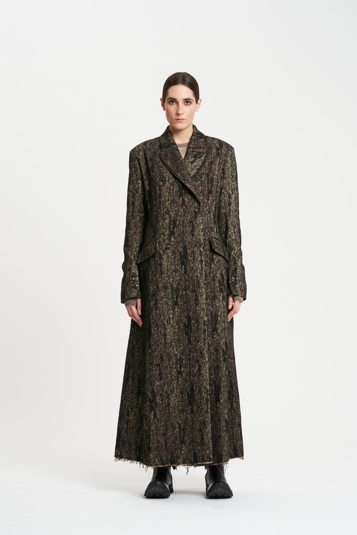Masnada Brown Painted Double Breasted Belted Long Coat
