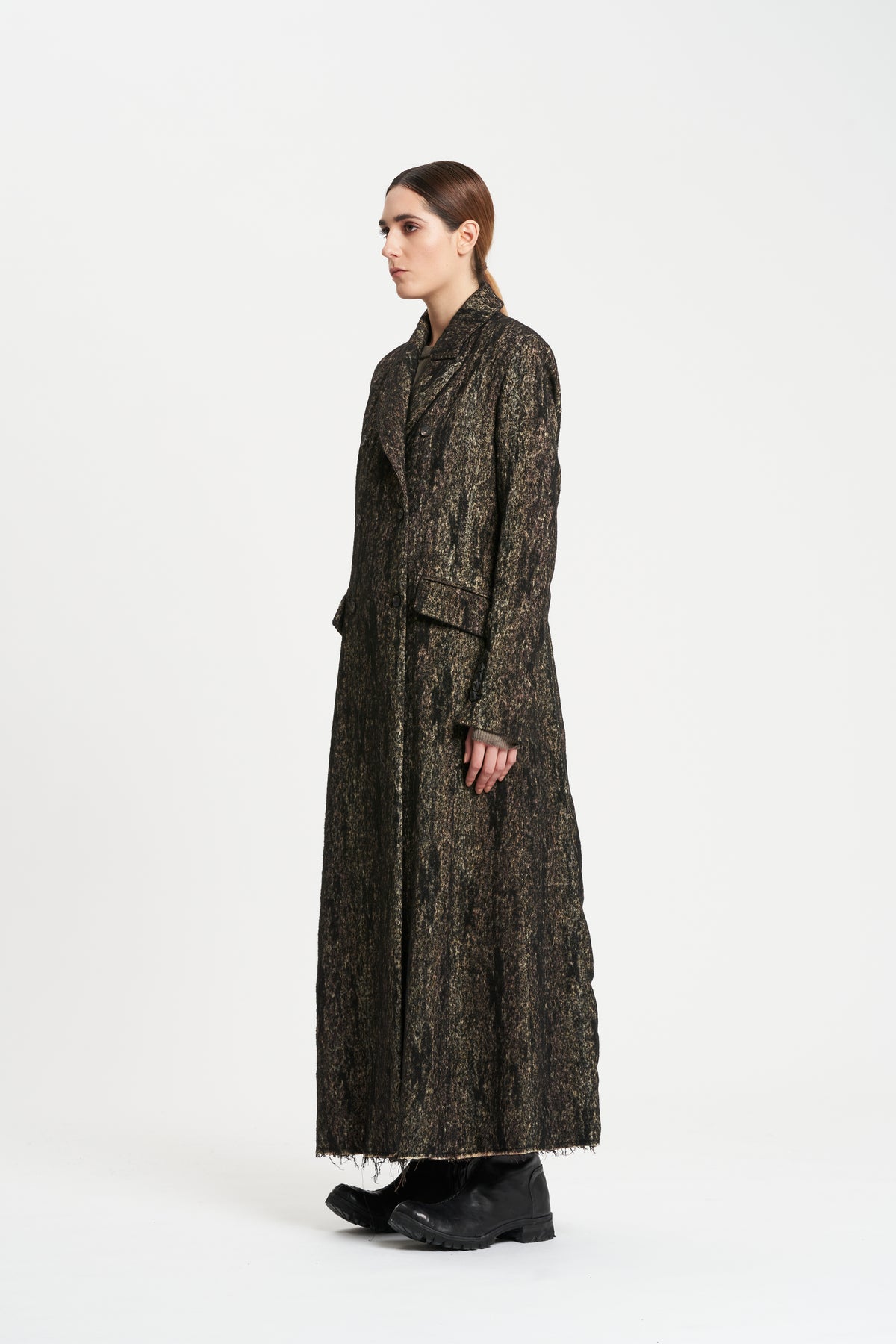 Masnada Brown Painted Double Breasted Belted Long Coat