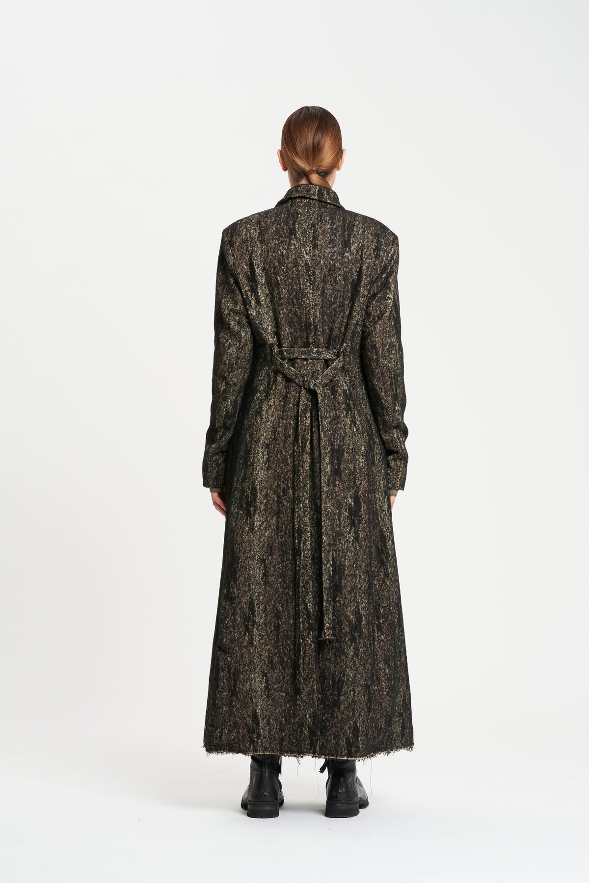Masnada Brown Painted Double Breasted Belted Long Coat