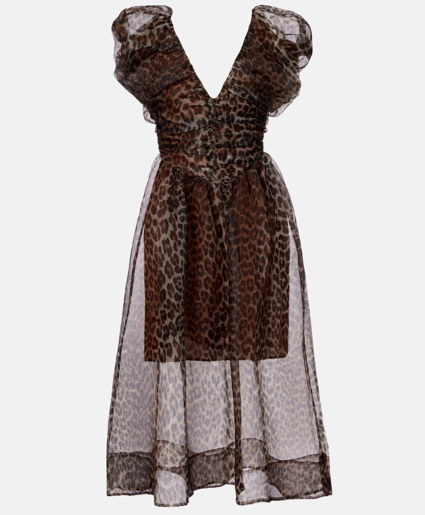 Ganni Printed Textured Organza Long Ruched Dress