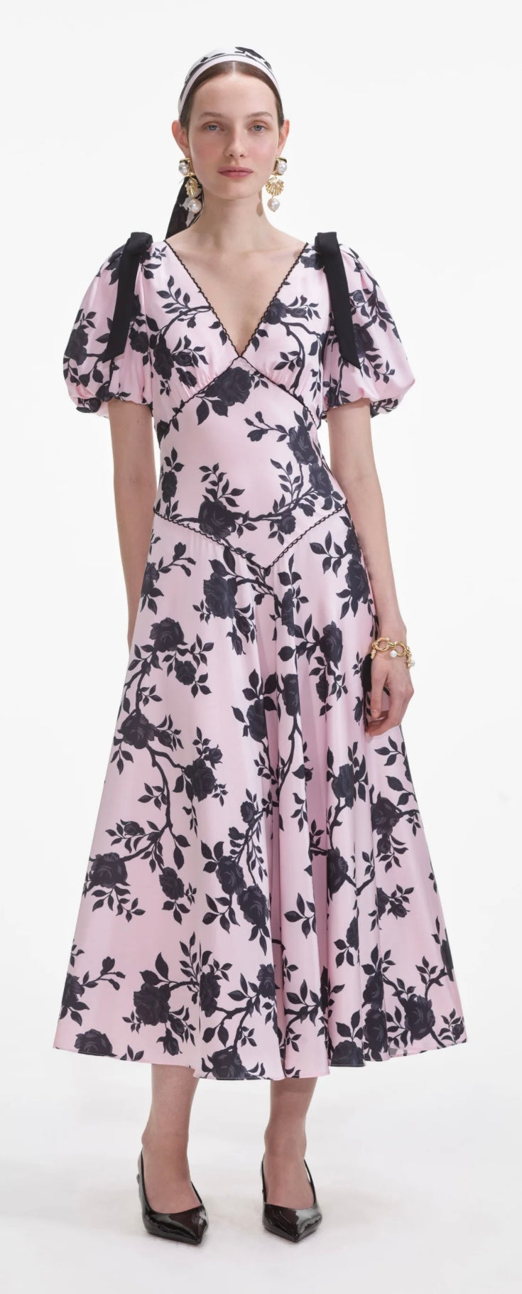 Self Portrait Pink Satin Floral Midi Dress