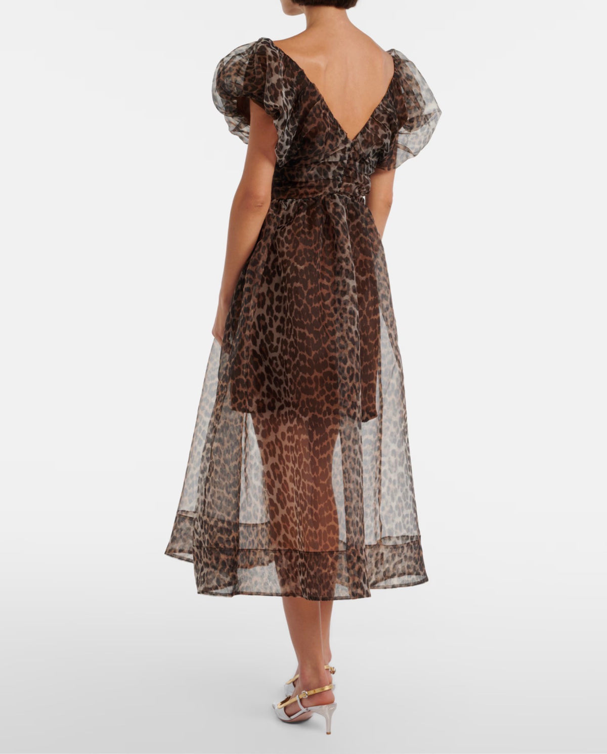 Ganni Printed Textured Organza Long Ruched Dress