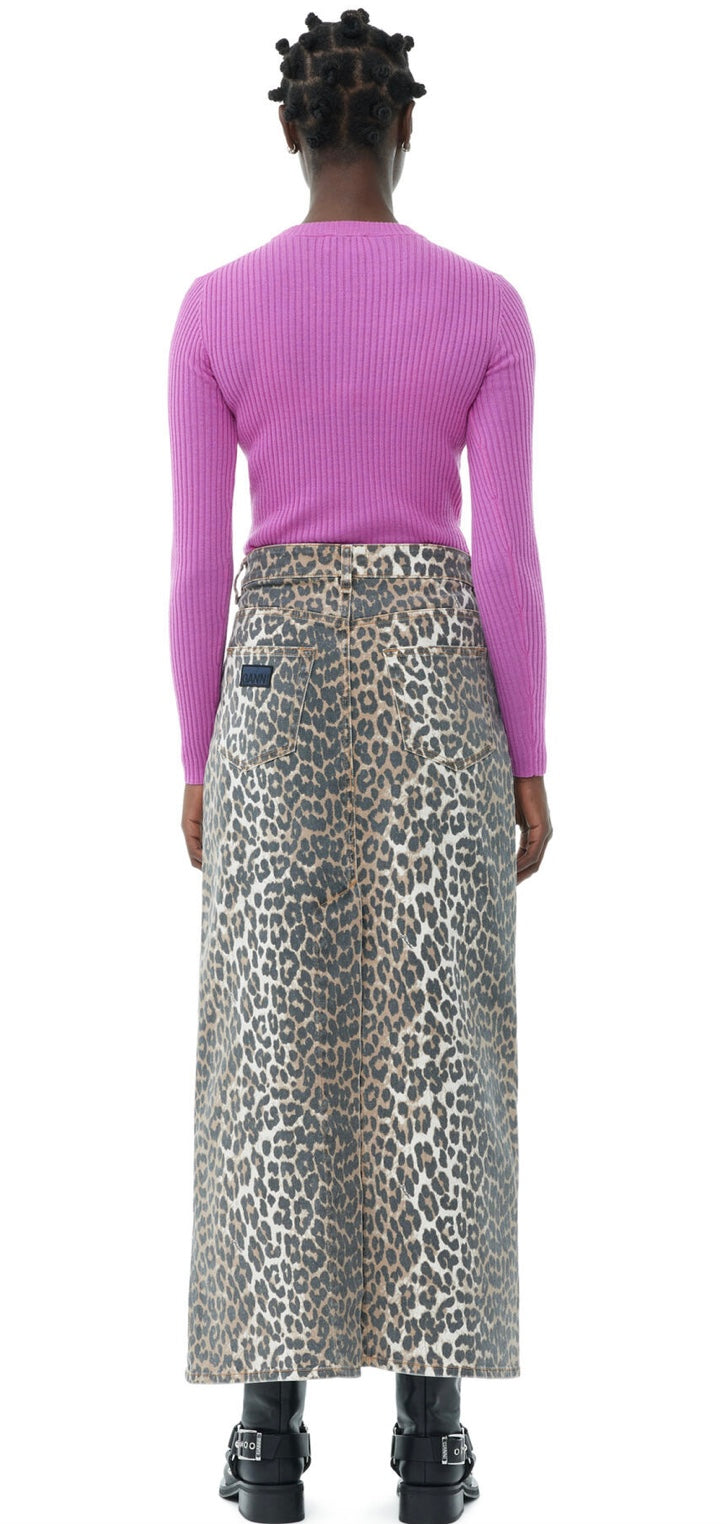 Ganni Leopard  Denim Maxi Slit Skirt