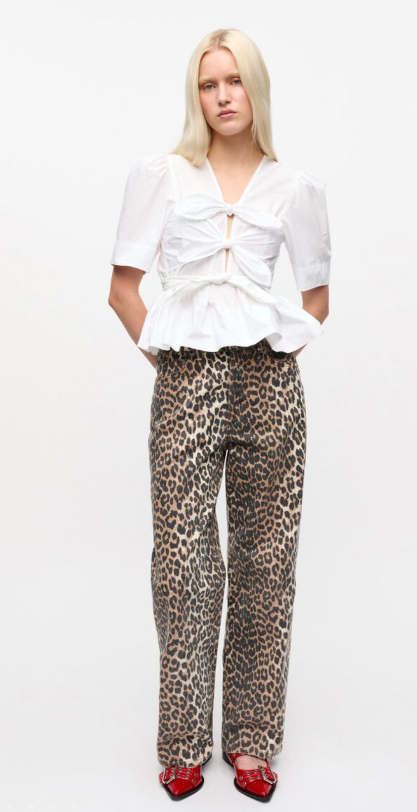 Ganni Washed Stretch Cotton Tie Strap Blouse
