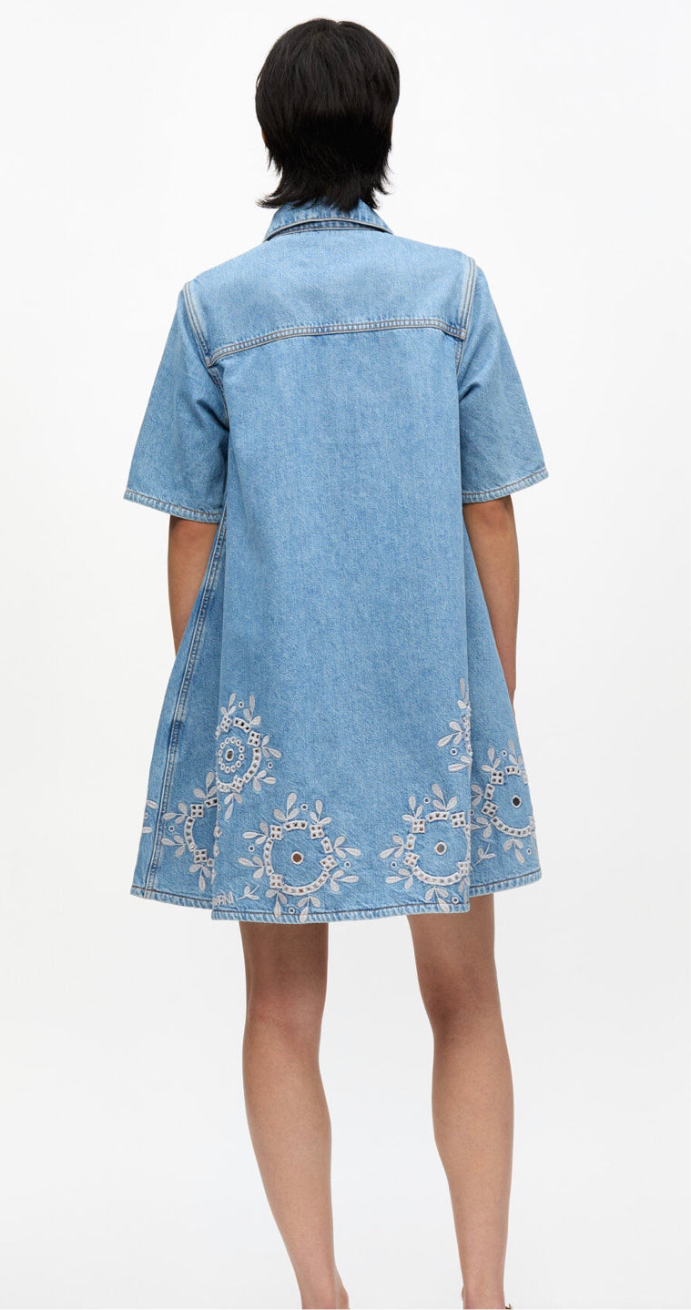 ganni broderie anglaise denim mini dress Ganni