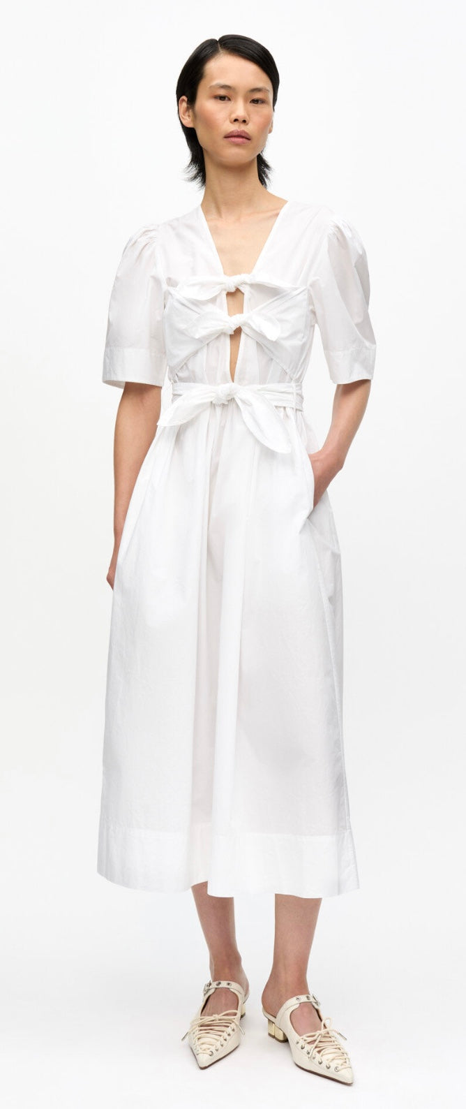 Ganni Washed Stretch Cotton Tie Strap Midi Dress