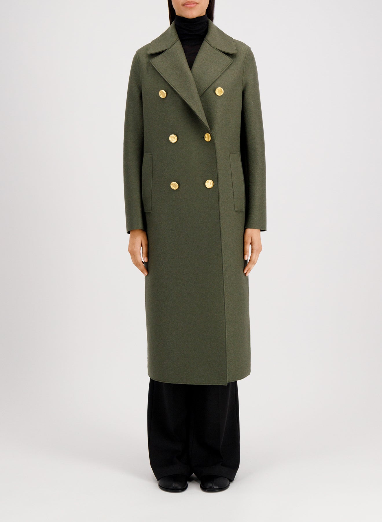 Women military coat with golden buttons pressed wool