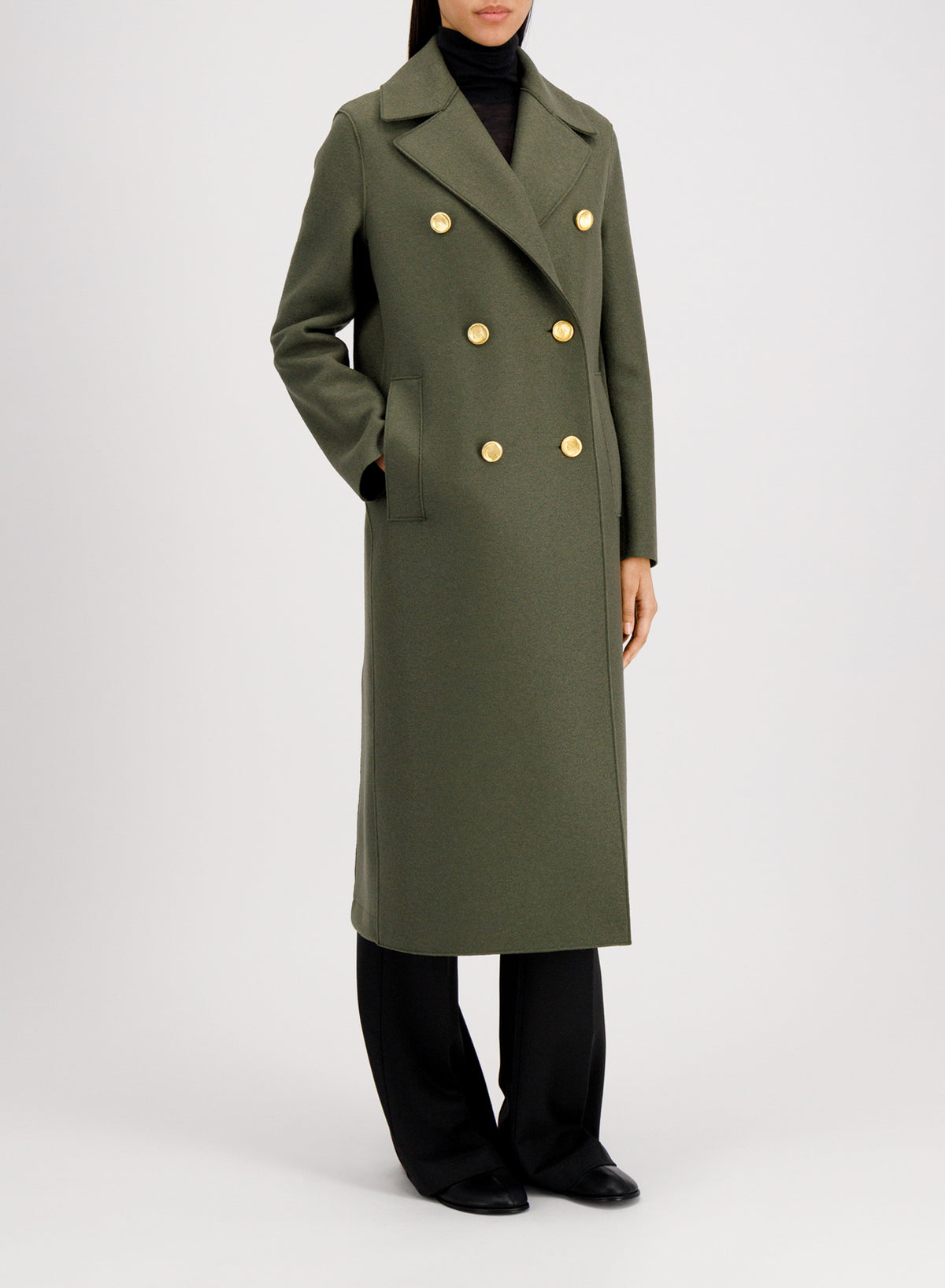 Women military coat with golden buttons pressed wool