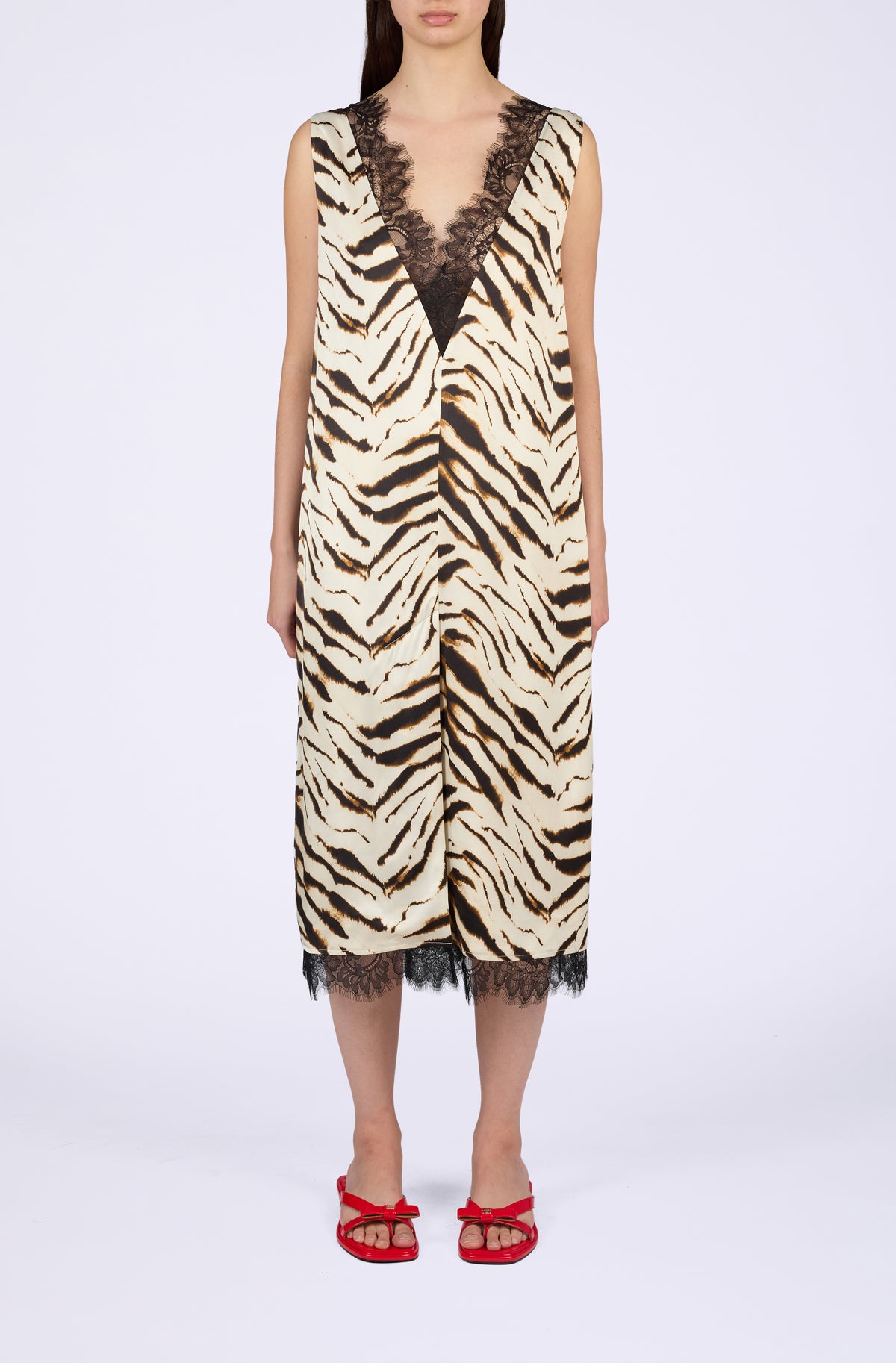 Printed Stretch Satin V-neck Midi Dress