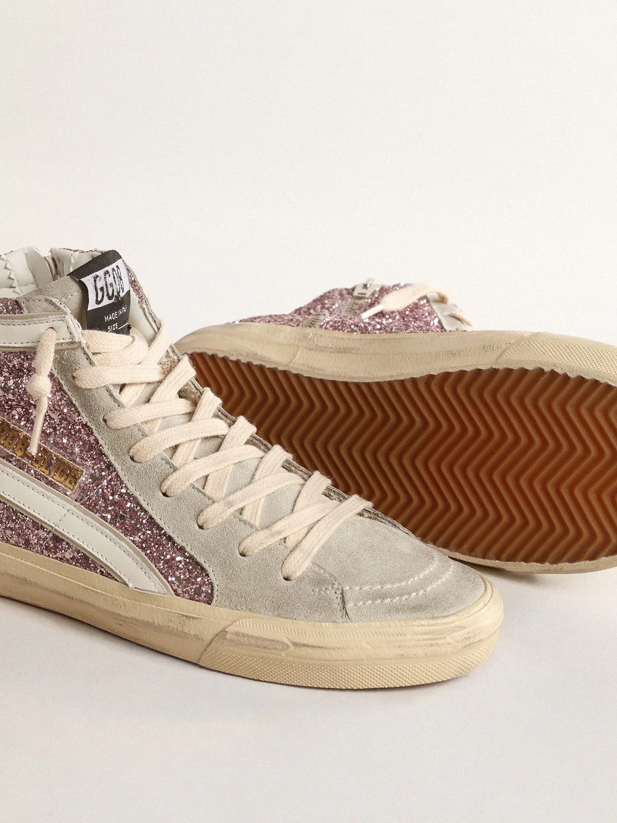Golden Goose Slide in lilac glitter with white leather star and flash