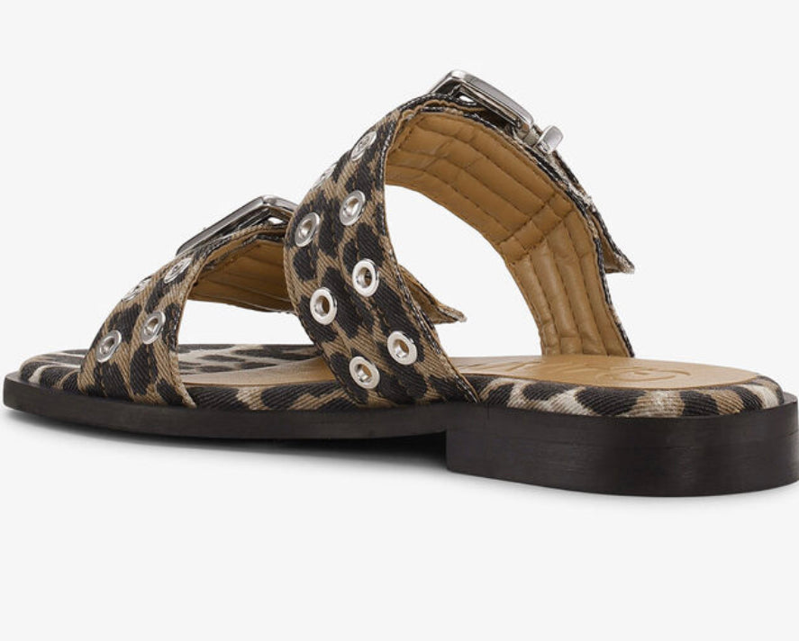 Ganni Feminine Buckle Two Strap Sandal Denim Print