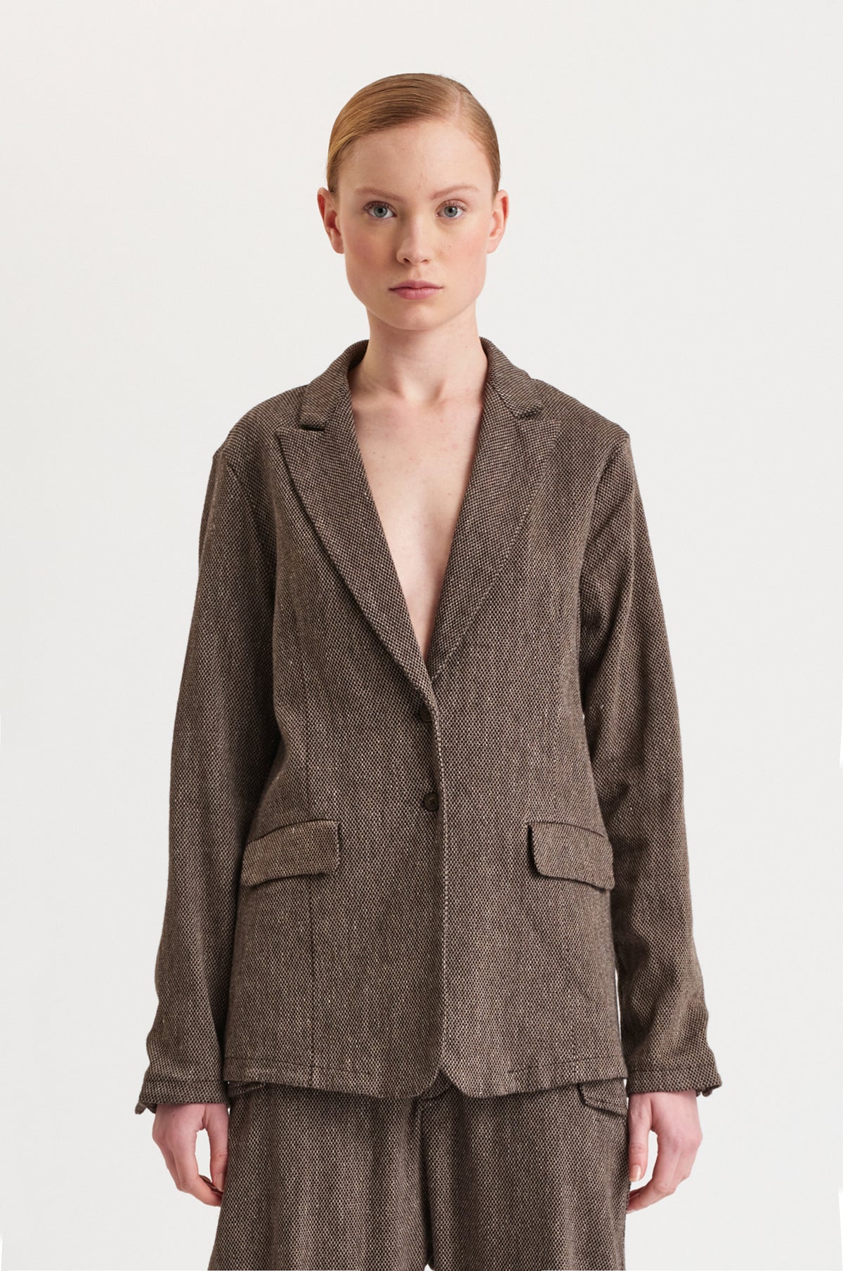 TRANSIT SHAPED JACKET WITH MICRO-PATTERN IN COTTON, LINEN AND WOOL BLEND