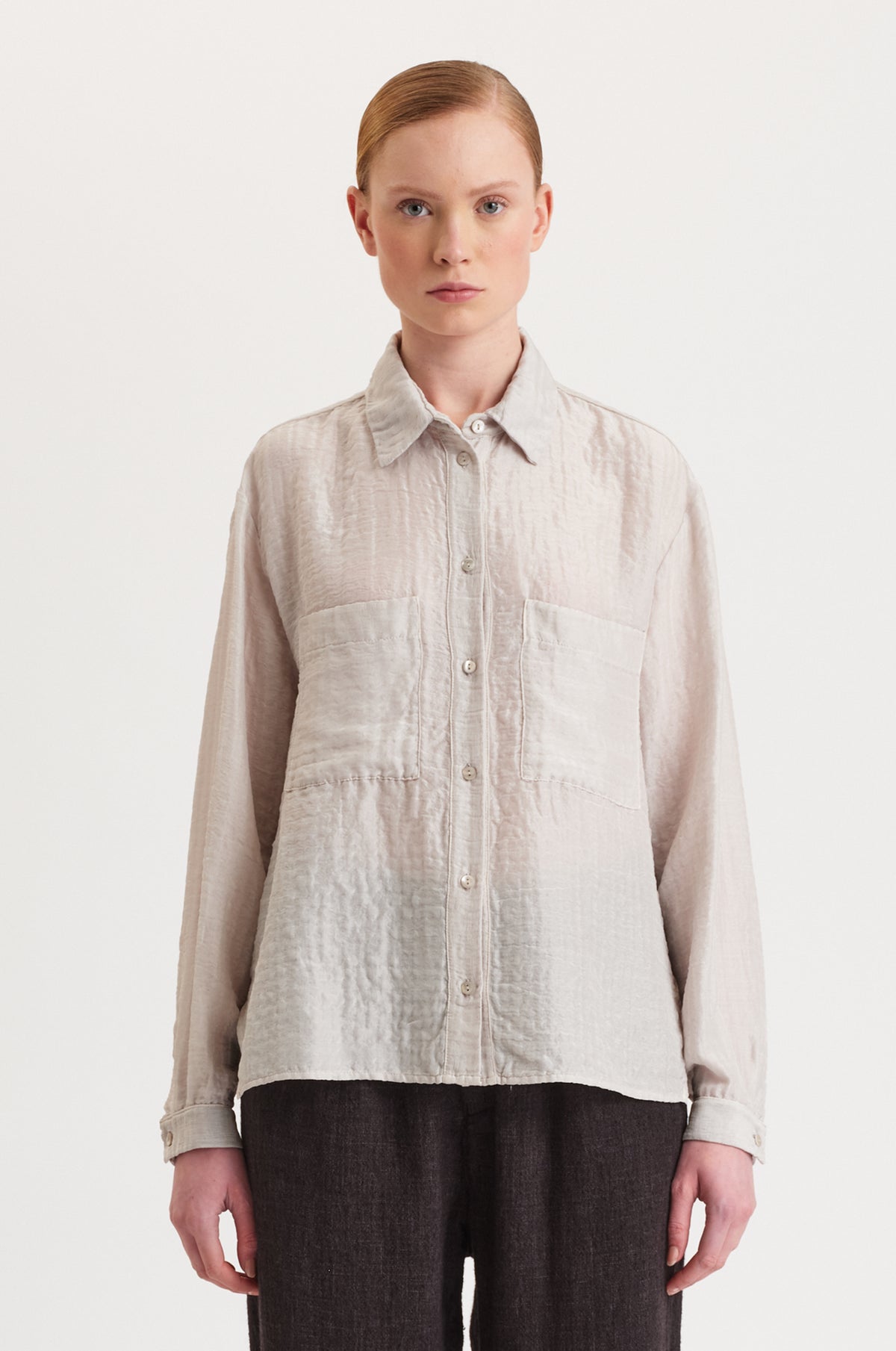 TRANSIT SHIRT WITH FRONT POCKETS IN EMBOSSED SILK AND WOOL