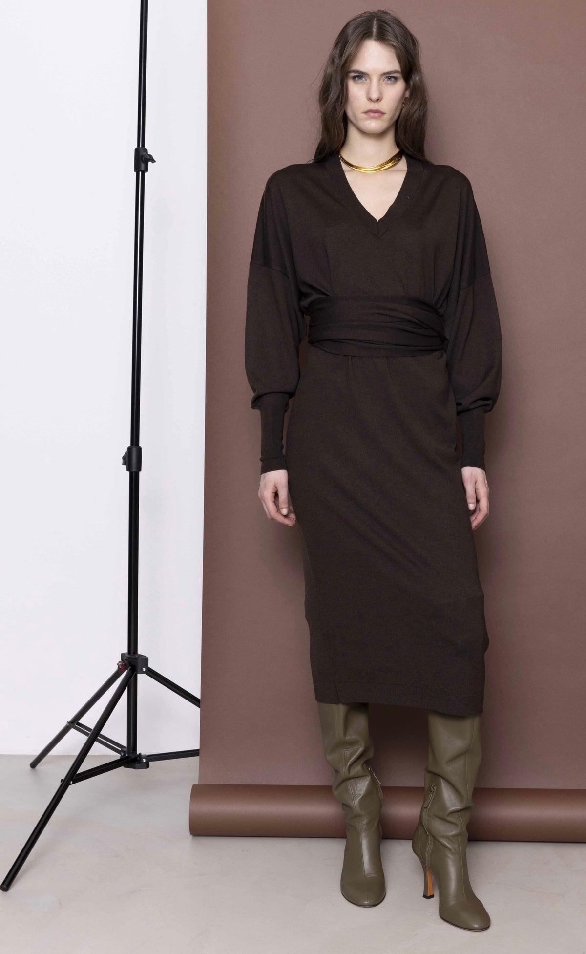 Nude V-Neck Knit Dress