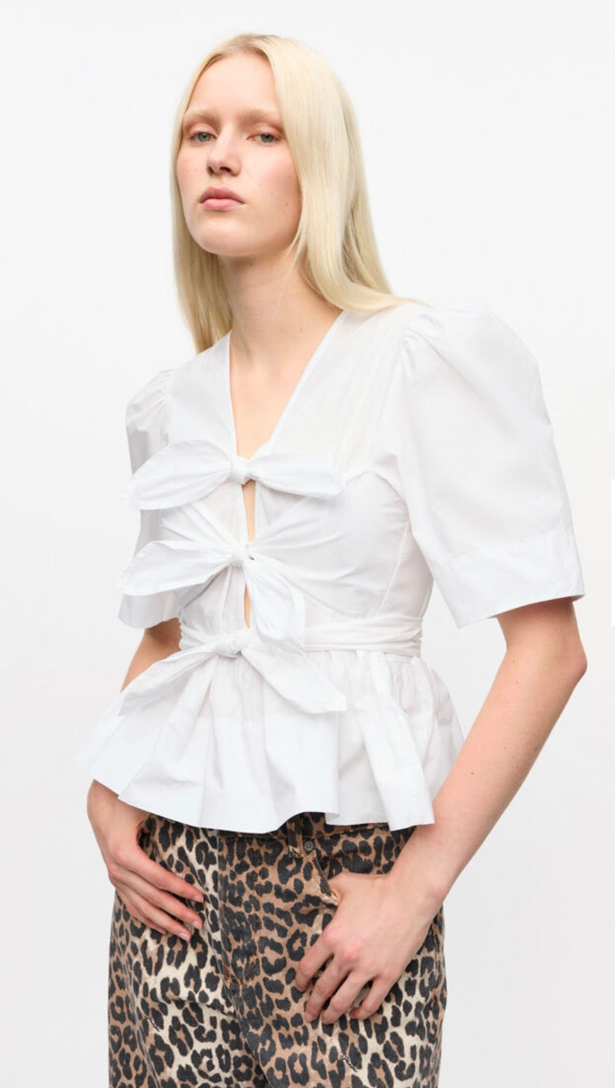 Ganni Washed Stretch Cotton Tie Strap Blouse