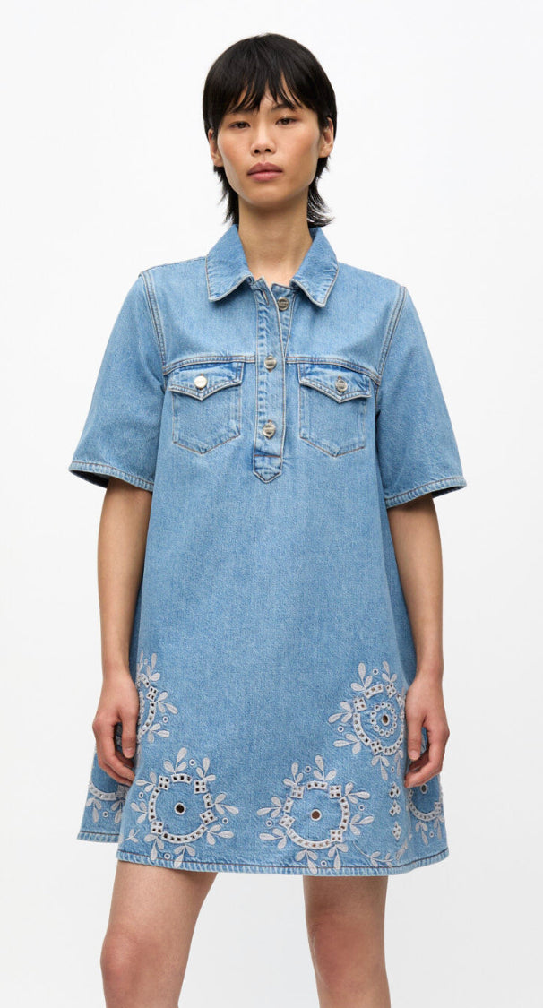 Ganni Broderie Anglaise Denim Mini Dress - Square Ganni Broderie Anglaise Denim Mini Dress - Square