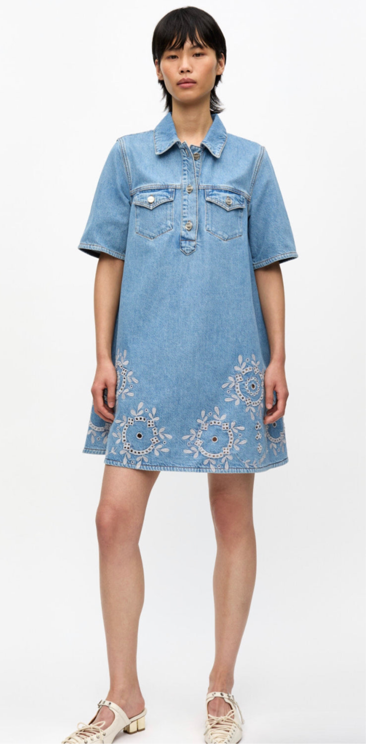 Ganni Broderie Anglaise Denim Mini Dress - Square Ganni Broderie Anglaise Denim Mini Dress - Square