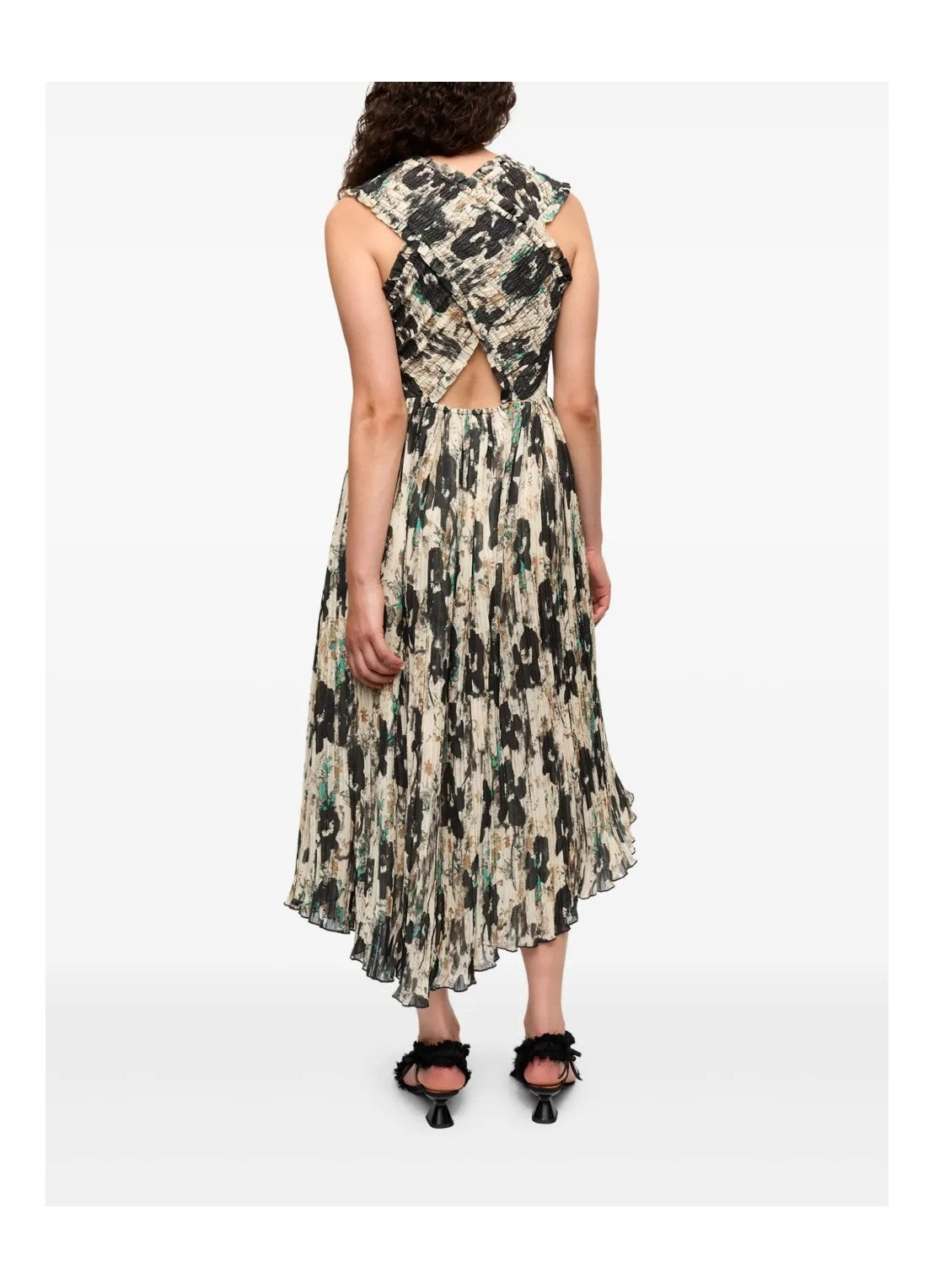 Ganni Printed Pleats Smock Midi Straps Dress