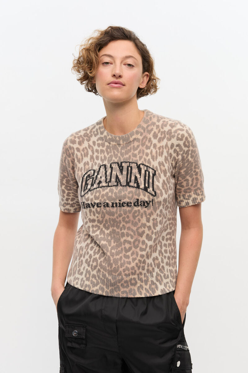 Ganni Graphic Wool Mix Printed Leopard T-shirt