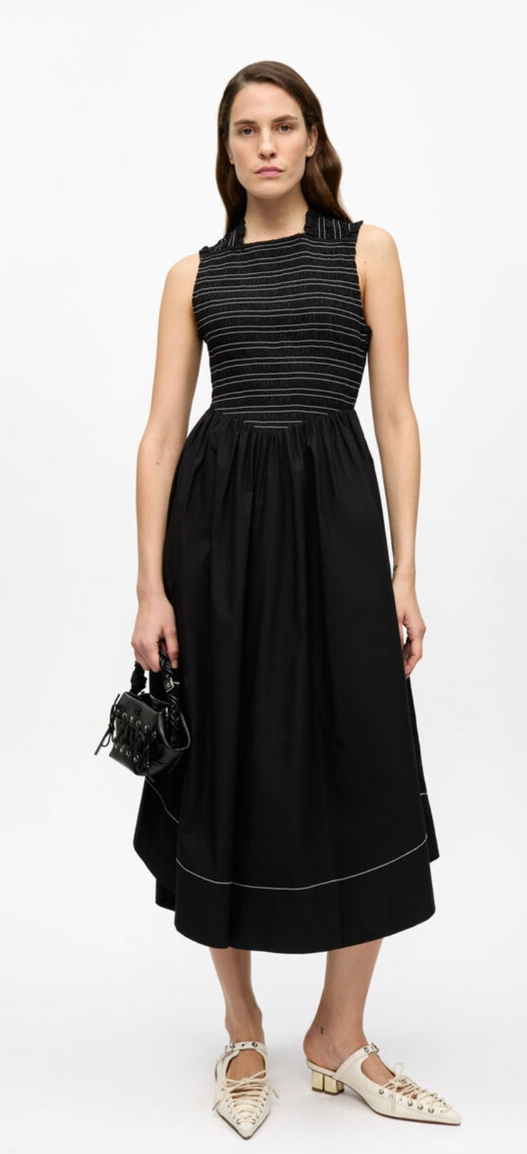 Ganni Washed Stretch Cotton Smock Midi Straps Dress
