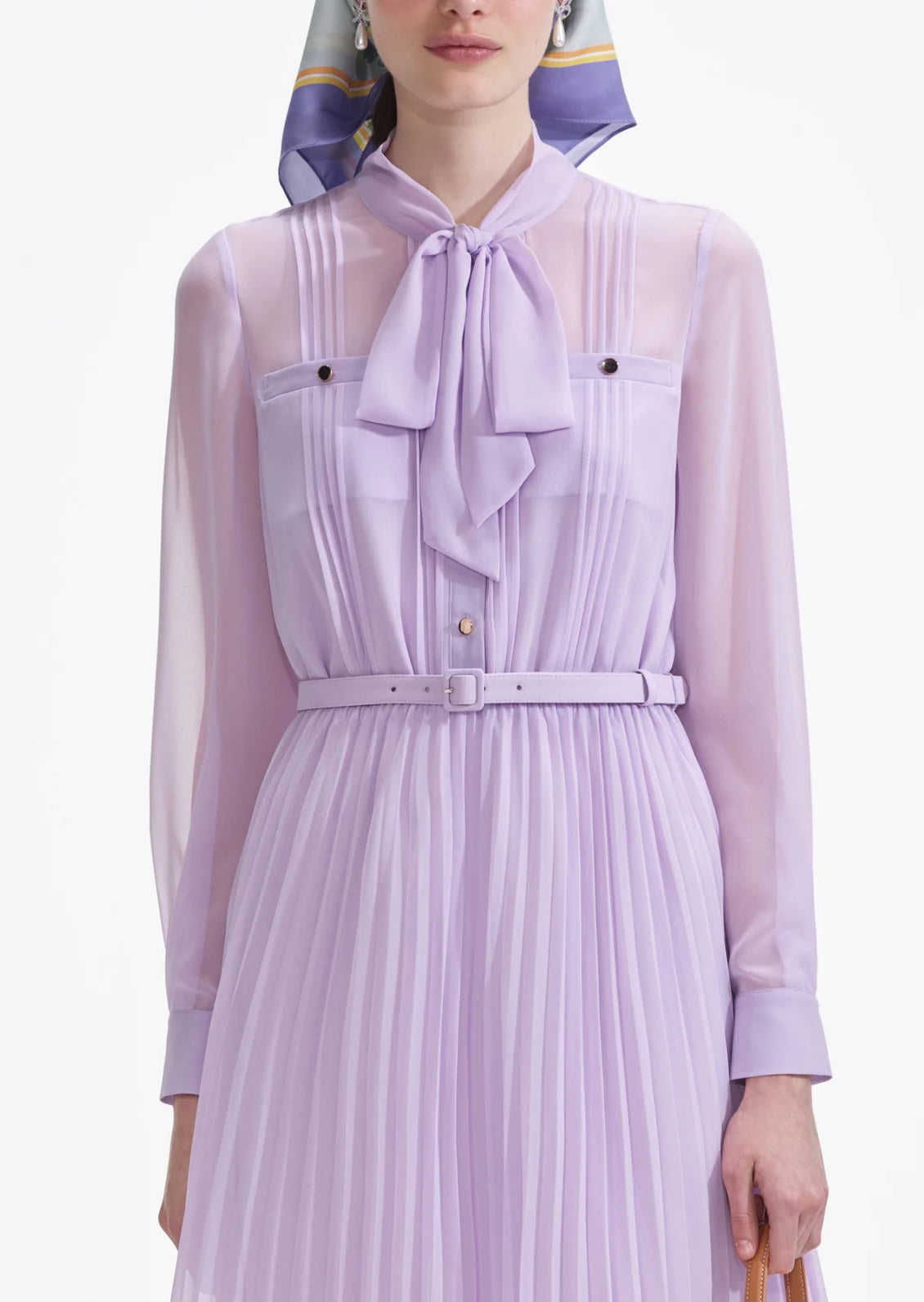 self portrait lilac chiffon midi dress self-portrait - Lilac Chiffon Tie Neck Midi Dress