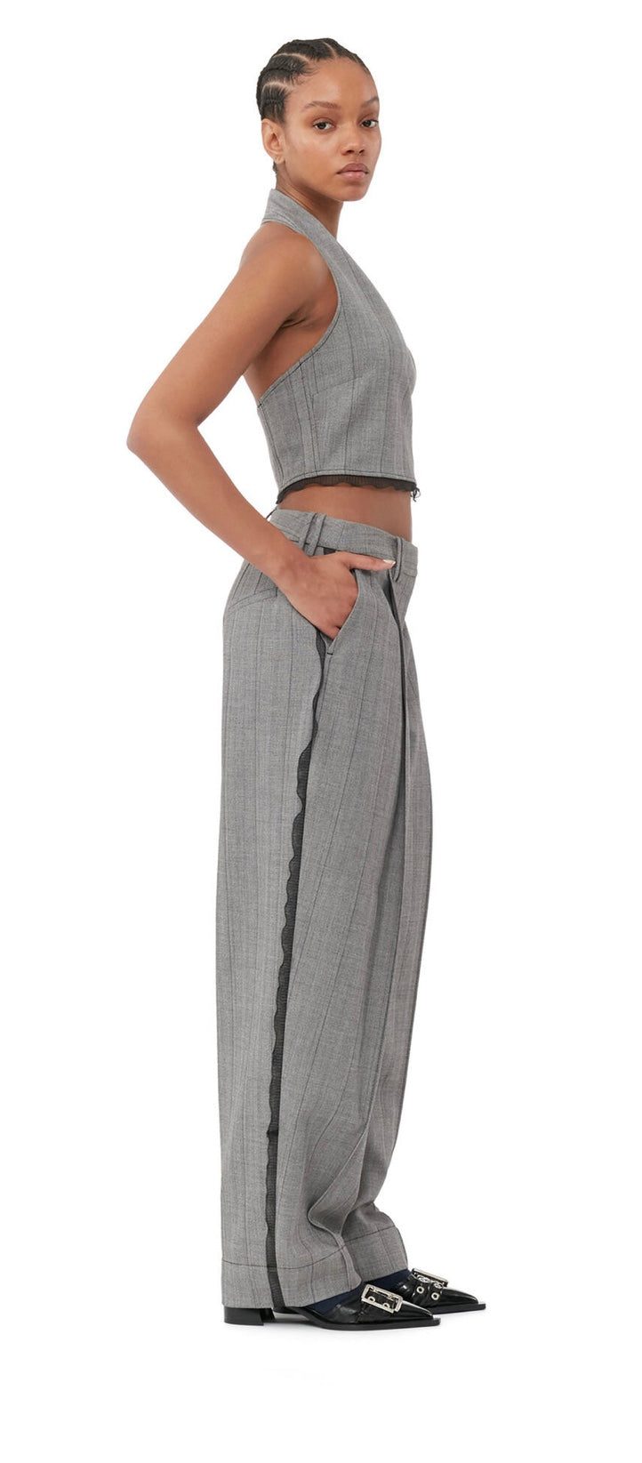 Ganni Herringbone Suiting Relaxed Pleated Trousers