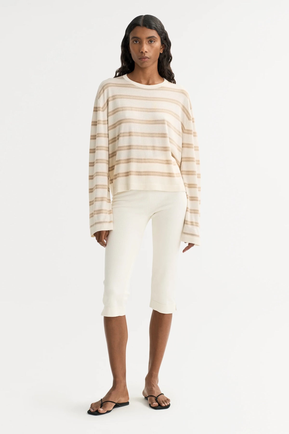 Soft Goat Fine Knit Striped Crewneck
