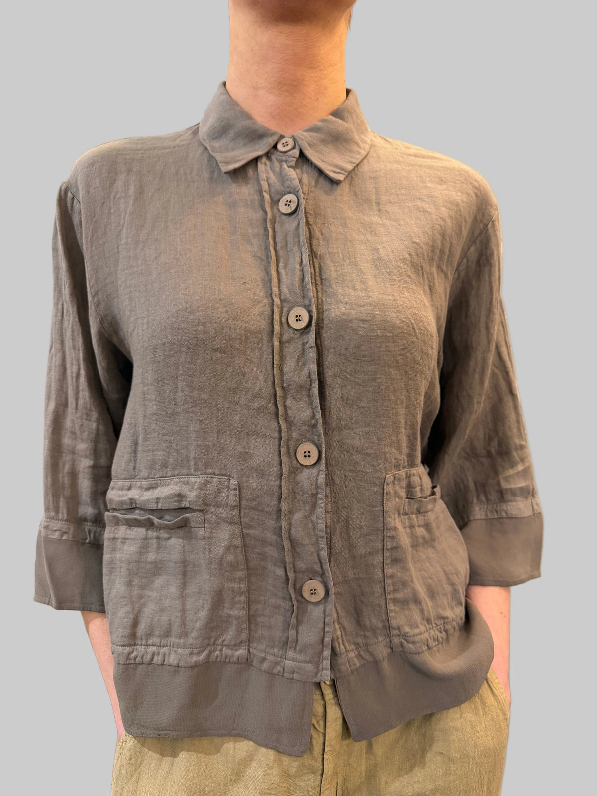 Transit 3/4 sleeve linen jacket with viscose georgette inserts