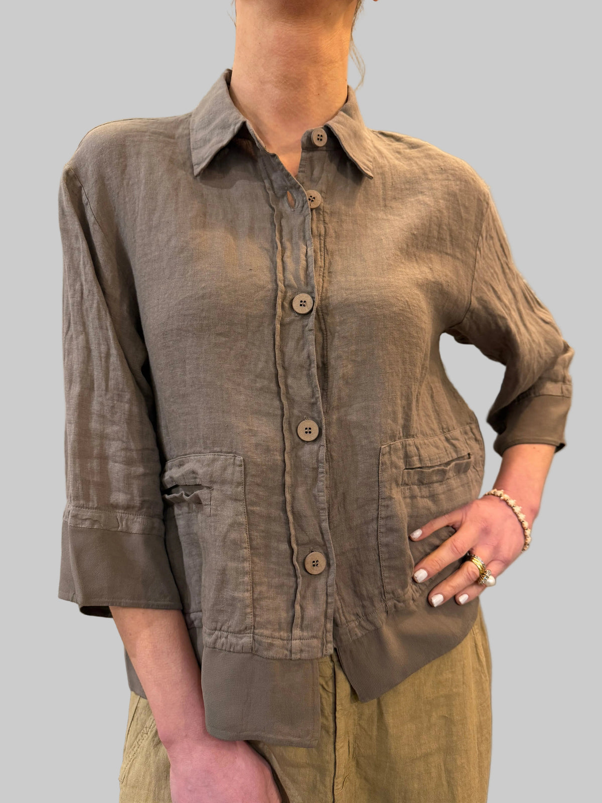 Transit 3/4 sleeve linen jacket with viscose georgette inserts
