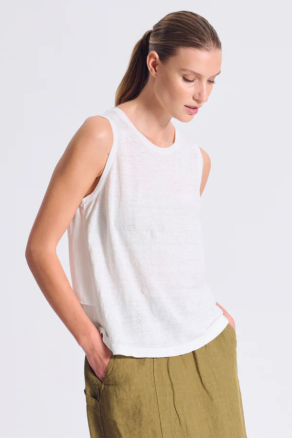 Transit Wide-shouldered comfort fit tank top in linen jersey at front and viscose georgette on the back