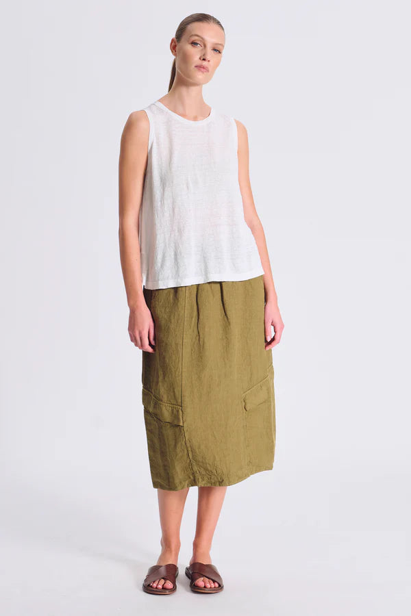 Transit Wide-shouldered comfort fit tank top in linen jersey at front and viscose georgette on the back