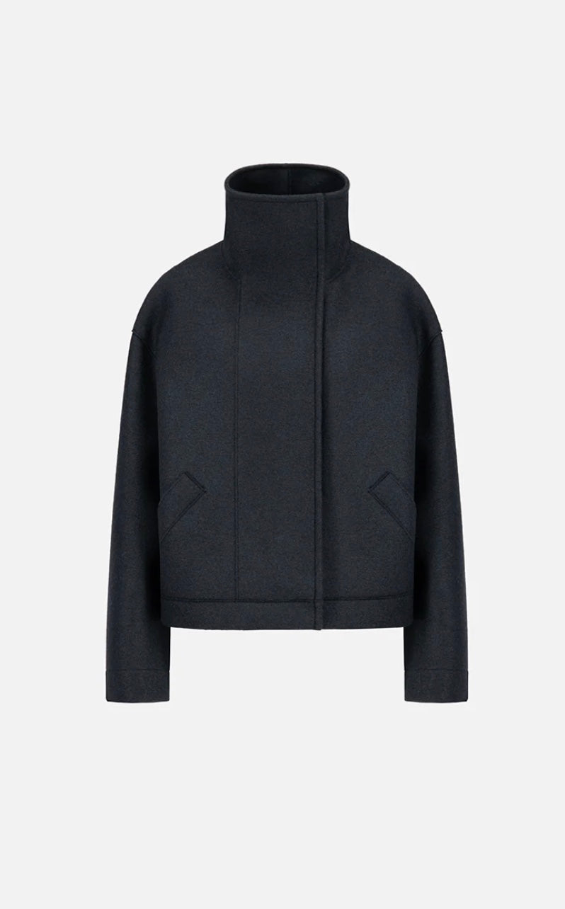 HARRIS WHARF FUNNEL BIKER  JACKET IN PRESSED WOOL
