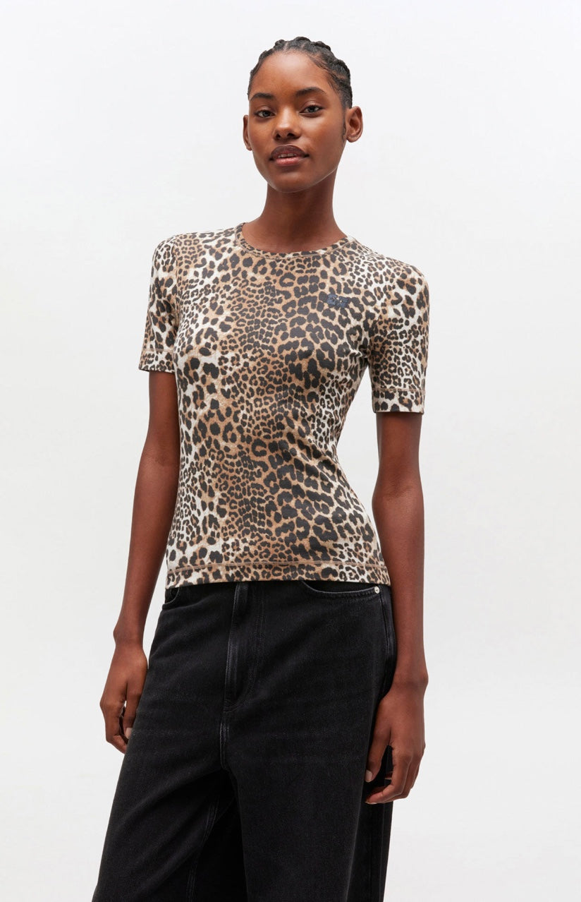 Ganni Leopard Rib Short-Sleeve T-Shirt